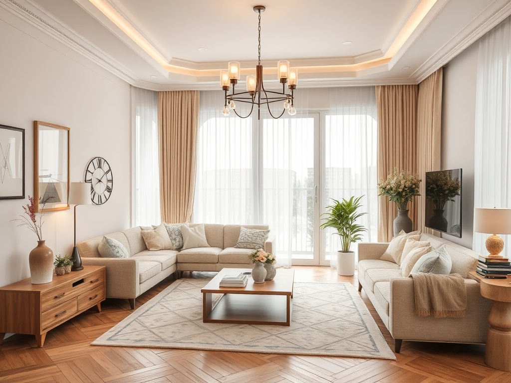Уютная современная гостиная с белыми шторами, мягкой мебелью и стильным освещением.