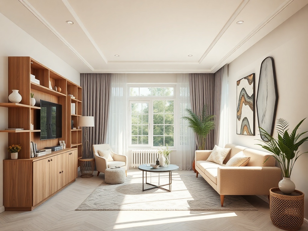 Светлая гостиная с большим окном, диваном, столом и растениями, оформленная в современном стиле.