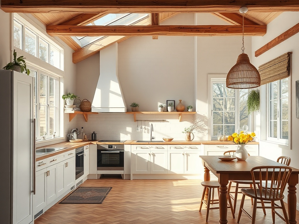 Светлая кухня с деревянными балками, современными шкафами и столом, украшенным букетом желтых цветов.