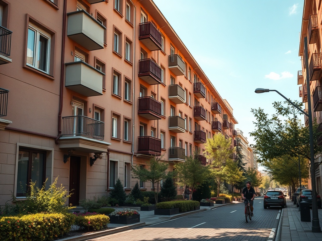 Красивая улица с домами и зеленными насаждениями, человек на велосипеде едет по тротуару.