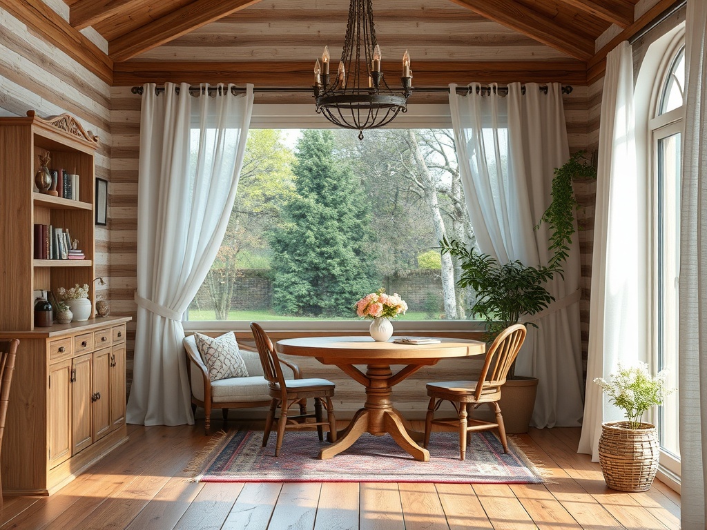 Светлая гостиная с деревянным столом, стульями, книжным шкафом и зеленью за окном.