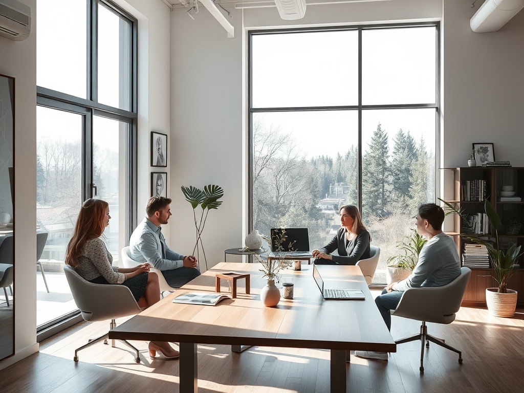 Современный офис, четыре человека обсуждают идеи за столом у больших окон с видом на природу.