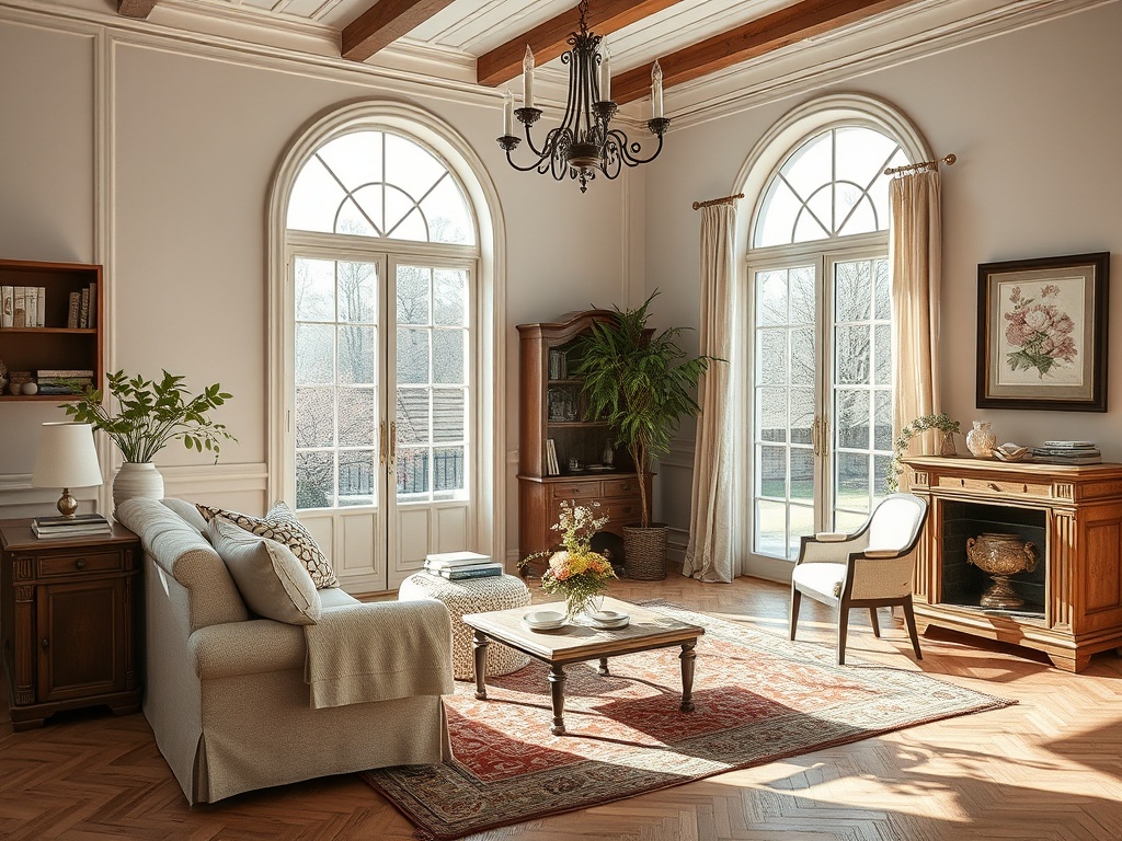 Светлая гостиная с большими окнами, уютной мебелью и красивым ковром на полах. Душевная атмосфера.