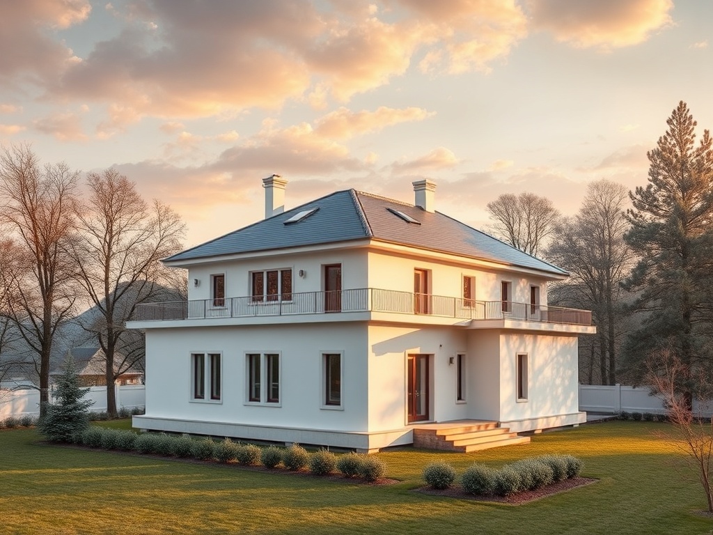 Современный дом с балконом и зеленым двором на фоне вечернего неба и деревьев.