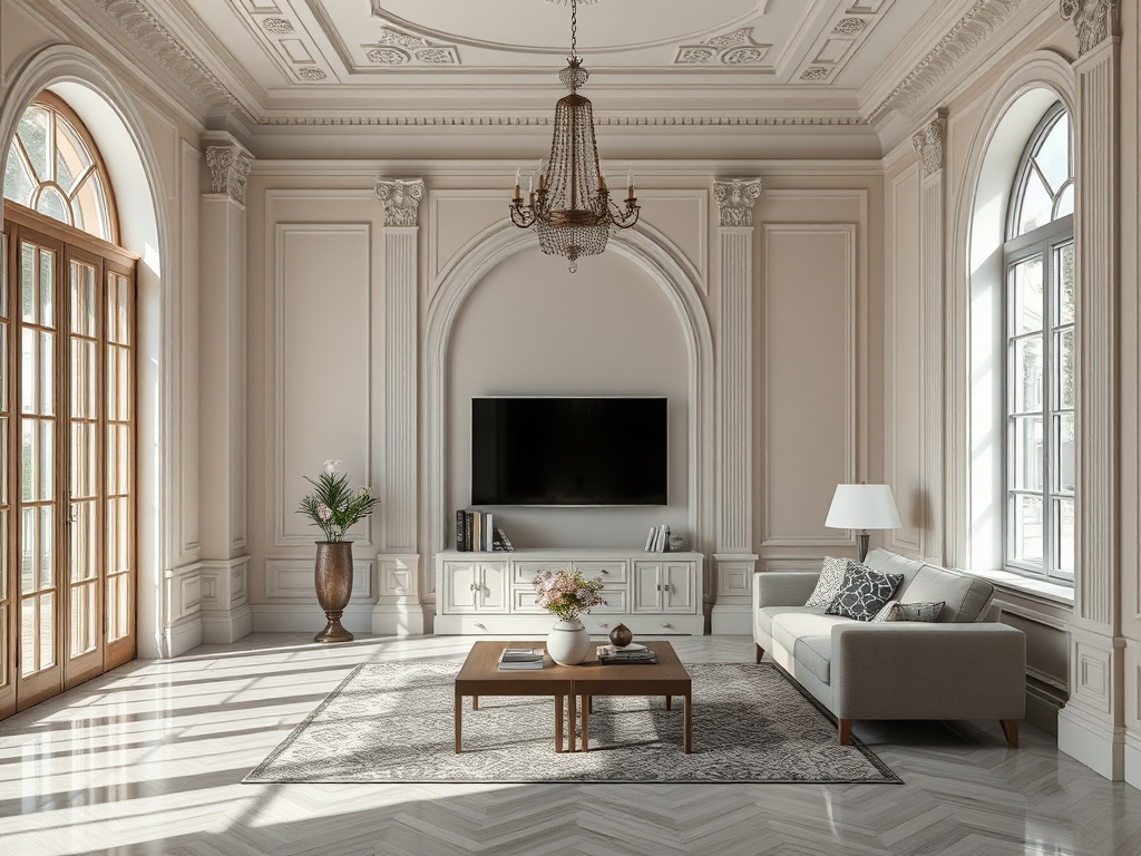 Светлая гостиная с элегантным декором, диваном, телевизором и большими окнами, пропускающими солнечный свет.