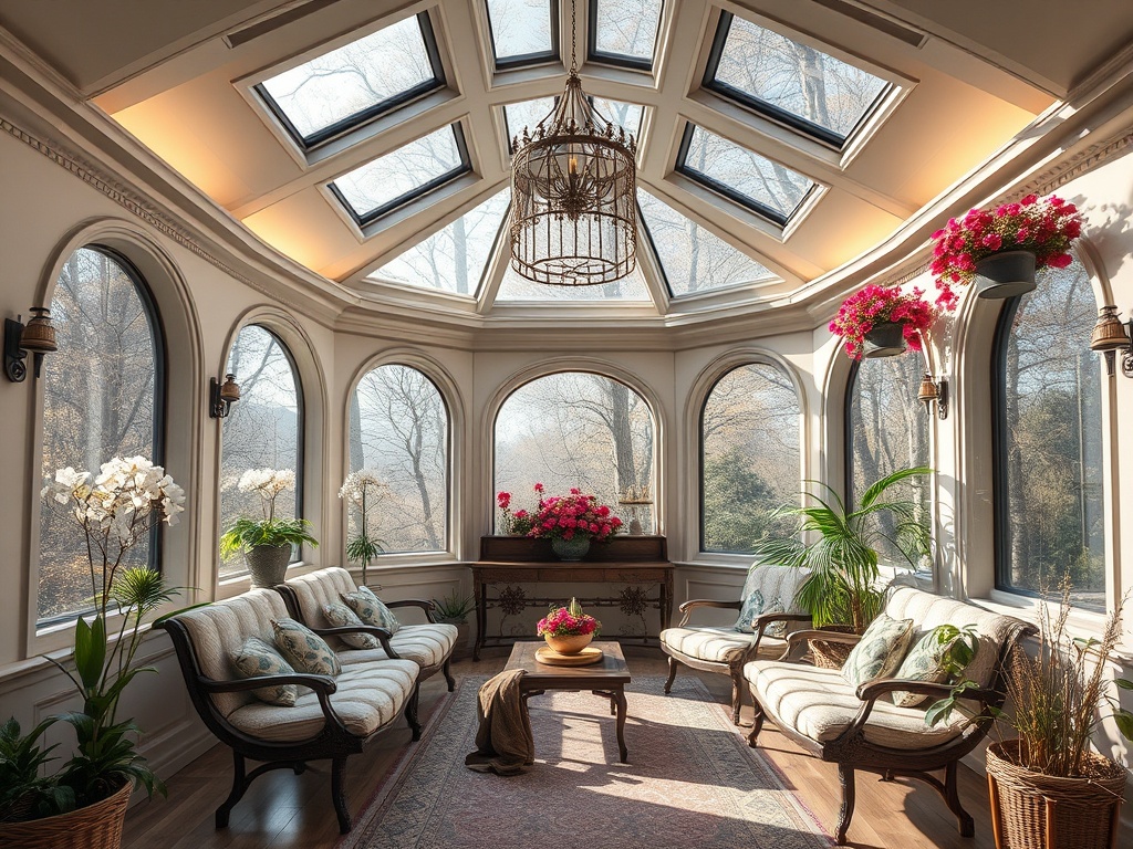 Светлая комната с окнами до пола, зелеными растениями и цветами, уютная мебель и много света.