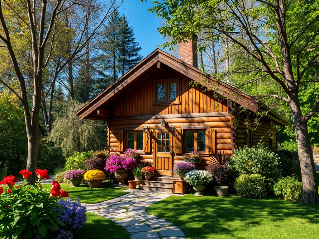 Деревянный дом в саду, окруженный зеленью и цветами, лестница к входной двери, солнечный день.