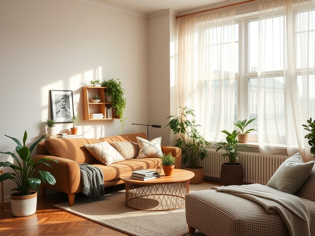 Светлая гостиная с коричневым диваном, растениями и большими окнами, наполненная солнечным светом.