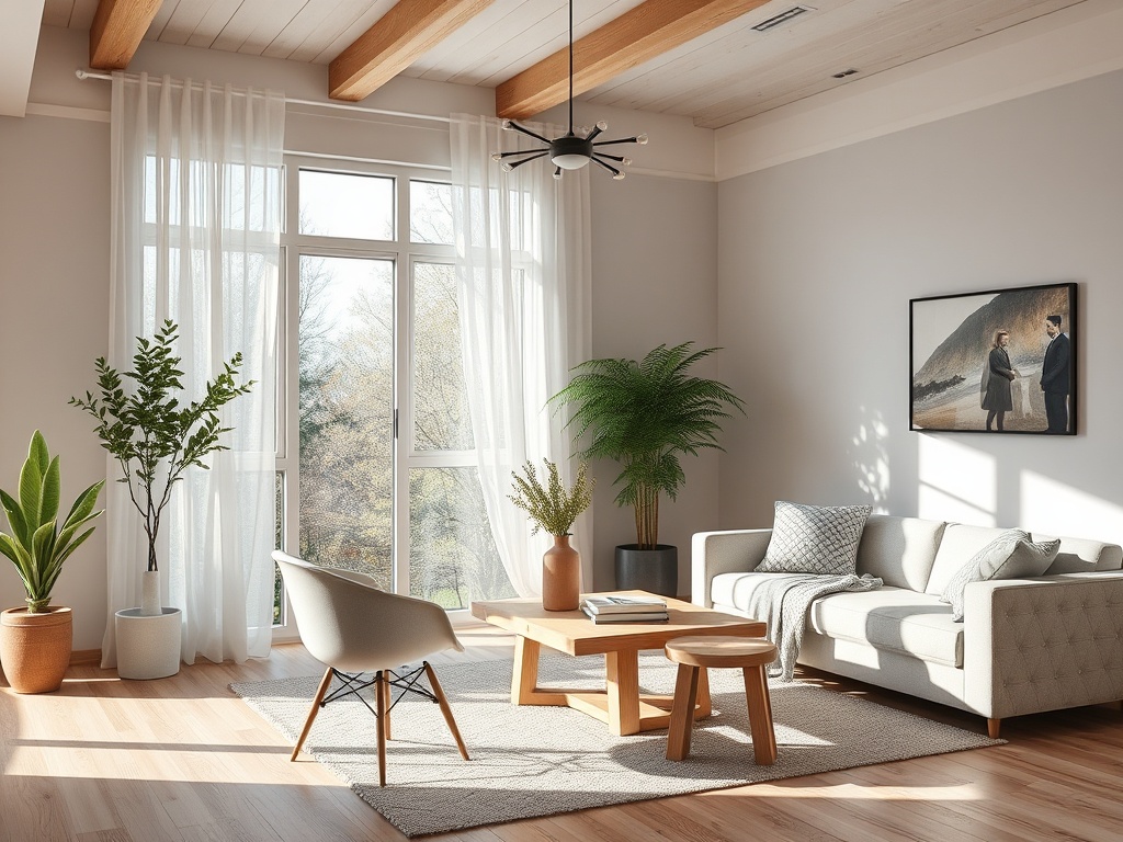 Современная гостиная с большими окнами, растениями и уютной мебелью в светлых тонах.