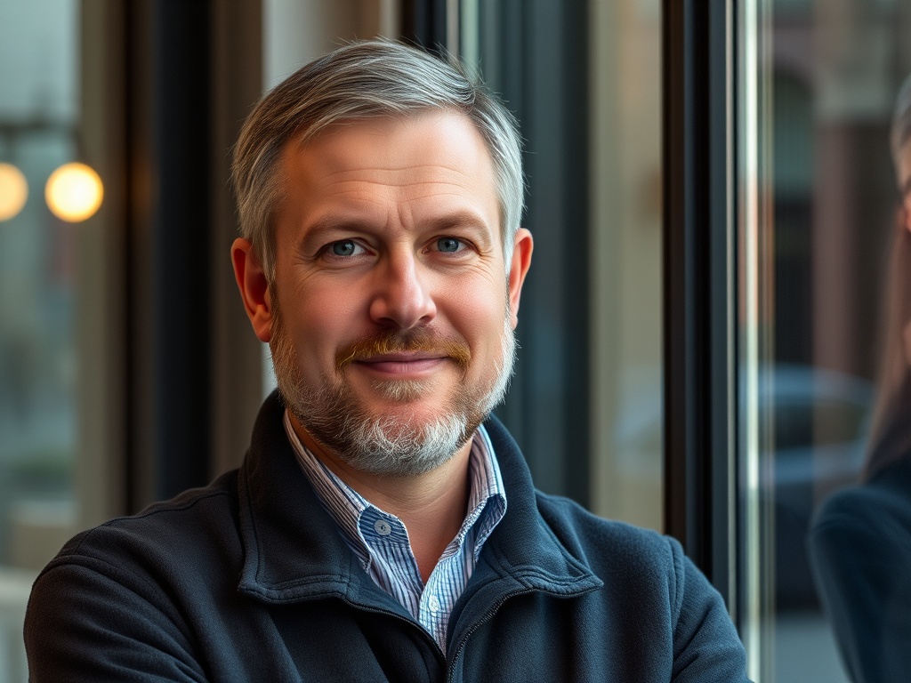 На изображении мужчина с короткой светлой бородой и волосами, улыбается рядом с окном.