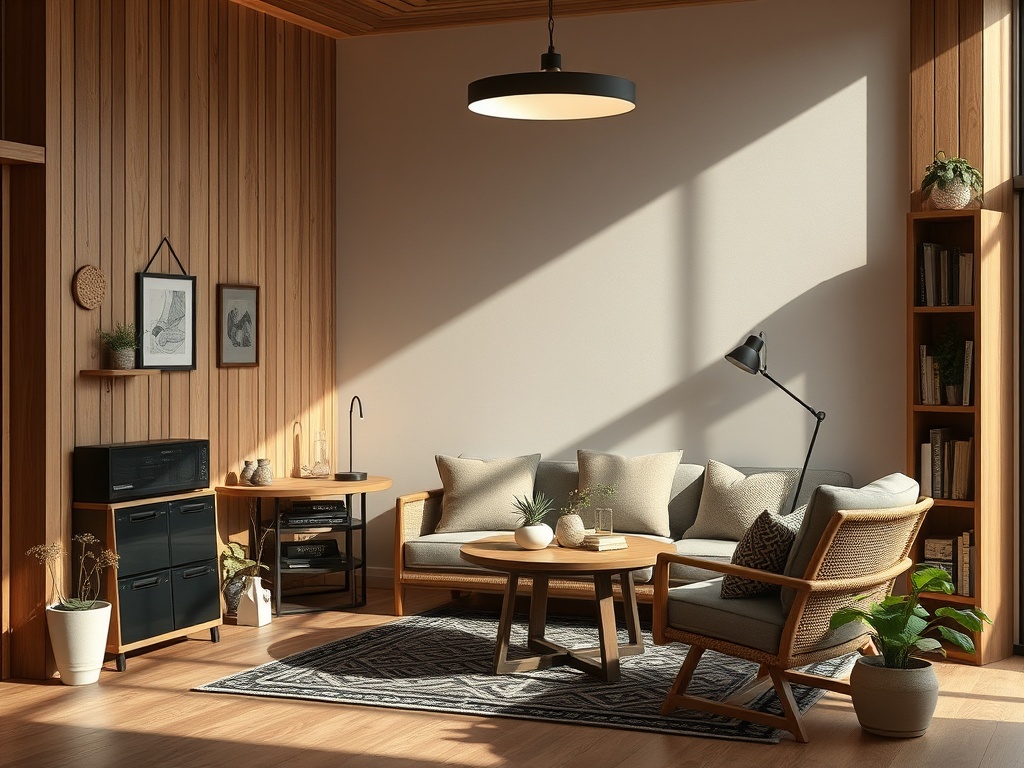 Светлая уютная гостиная с деревянными стенами, современными мебелью и зелеными растениями на столах.