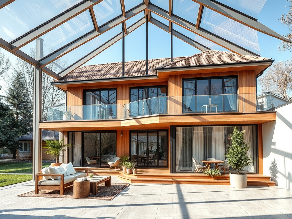 Современный дом с большими окнами и стеклянной крышей, окружённый зелёной зоной и комфортной меблировкой.