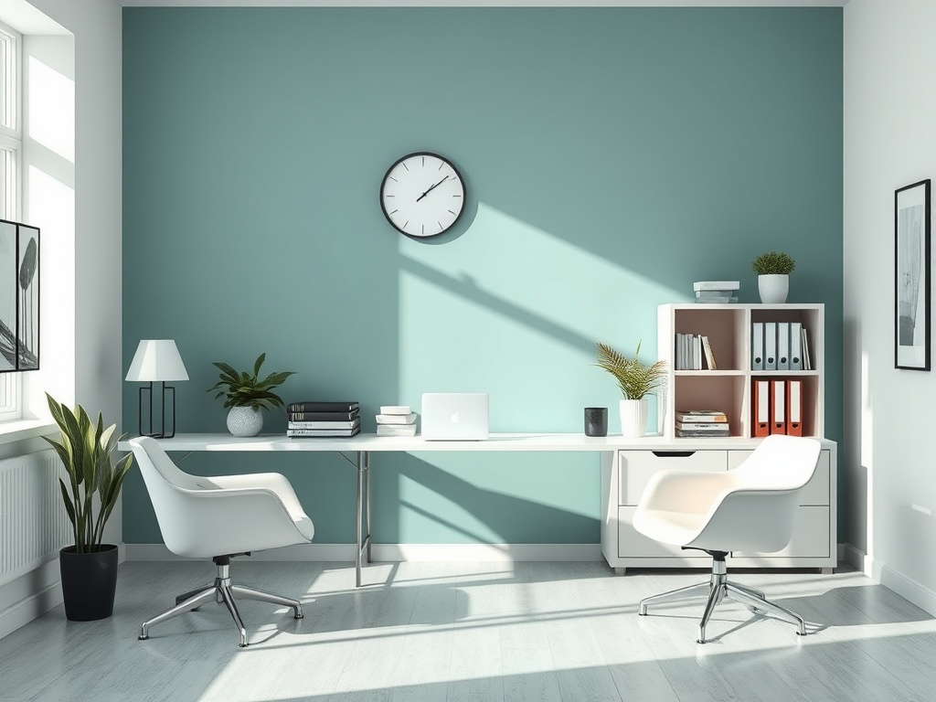 Современный офис с белой мебелью, зелёной стеной и растениями. Яркий, спокойный и минималистичный интерьер.