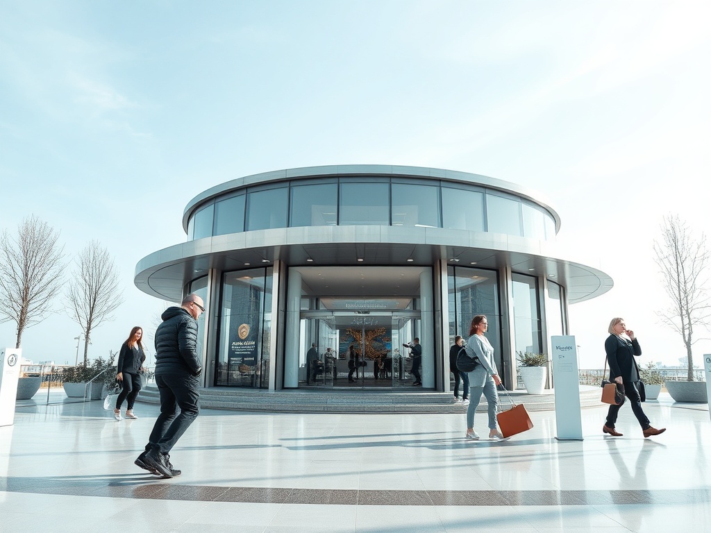 Современное здание с входом, люди идут по площади, окружающей зелень и ясное небо.