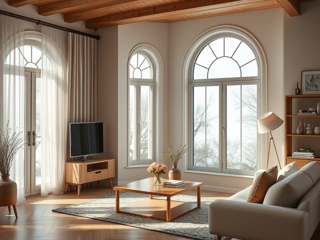 Светлая гостиная с большими окнами, телевизором и уютной мебелью, оформленная в современном стиле.