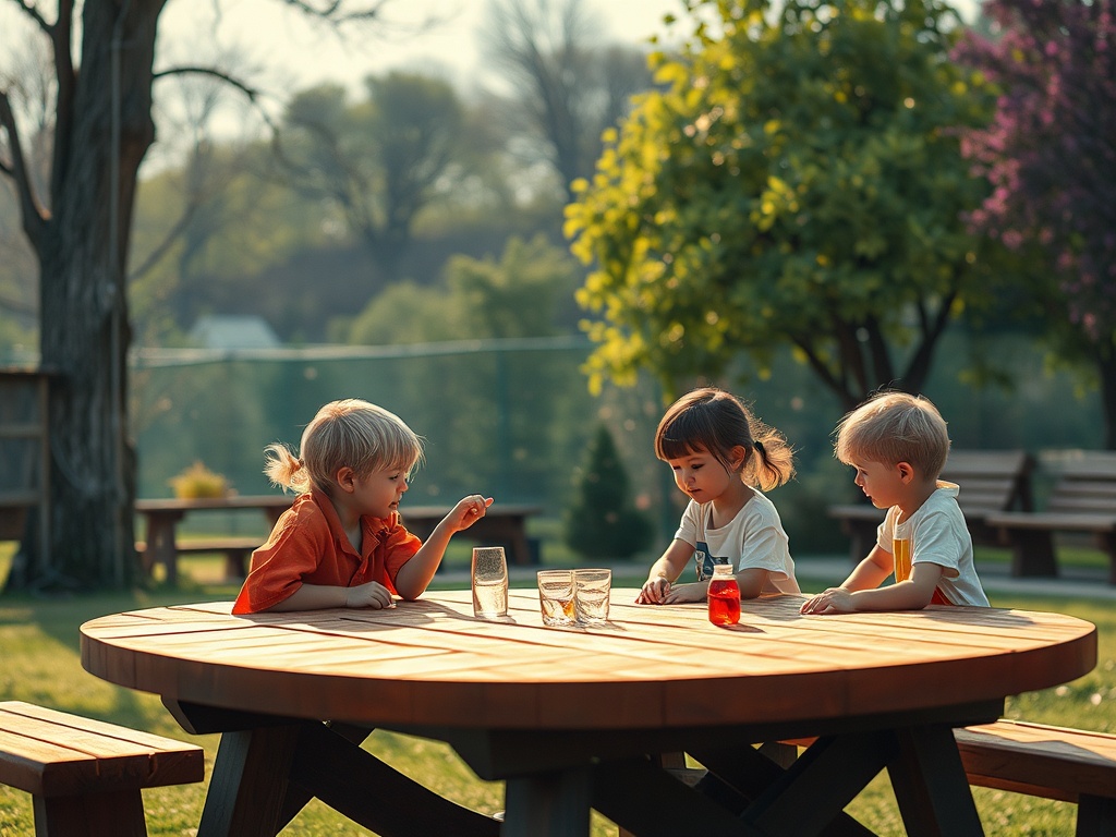 Трое детей играют за деревянным столом на улице в солнечный день, вокруг зелень и цветы.