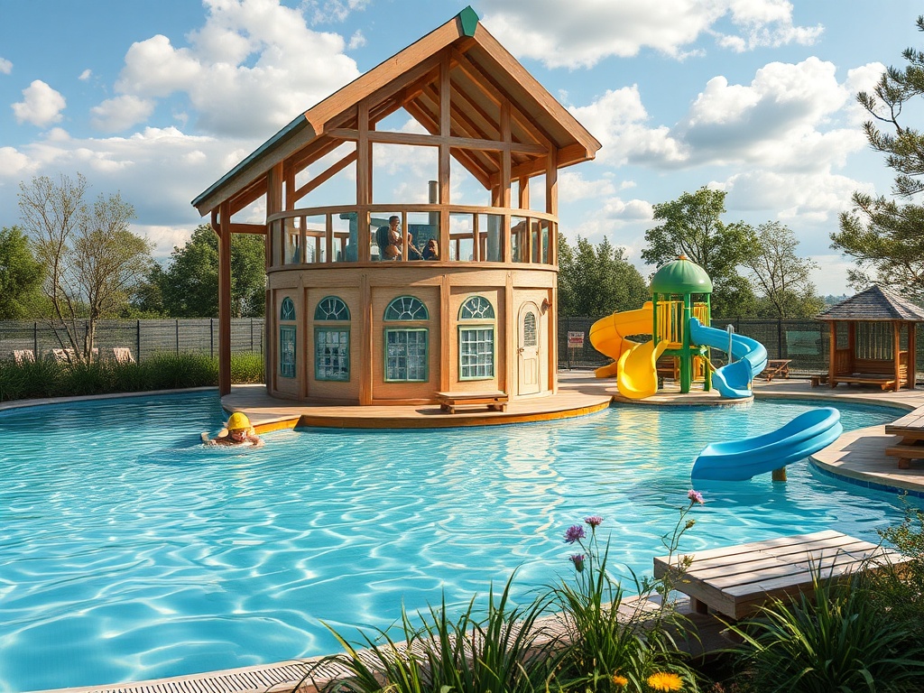 На изображении бассейн с деревянным домиком, горками и детьми, наслаждающимися отдыхом под солнцем.