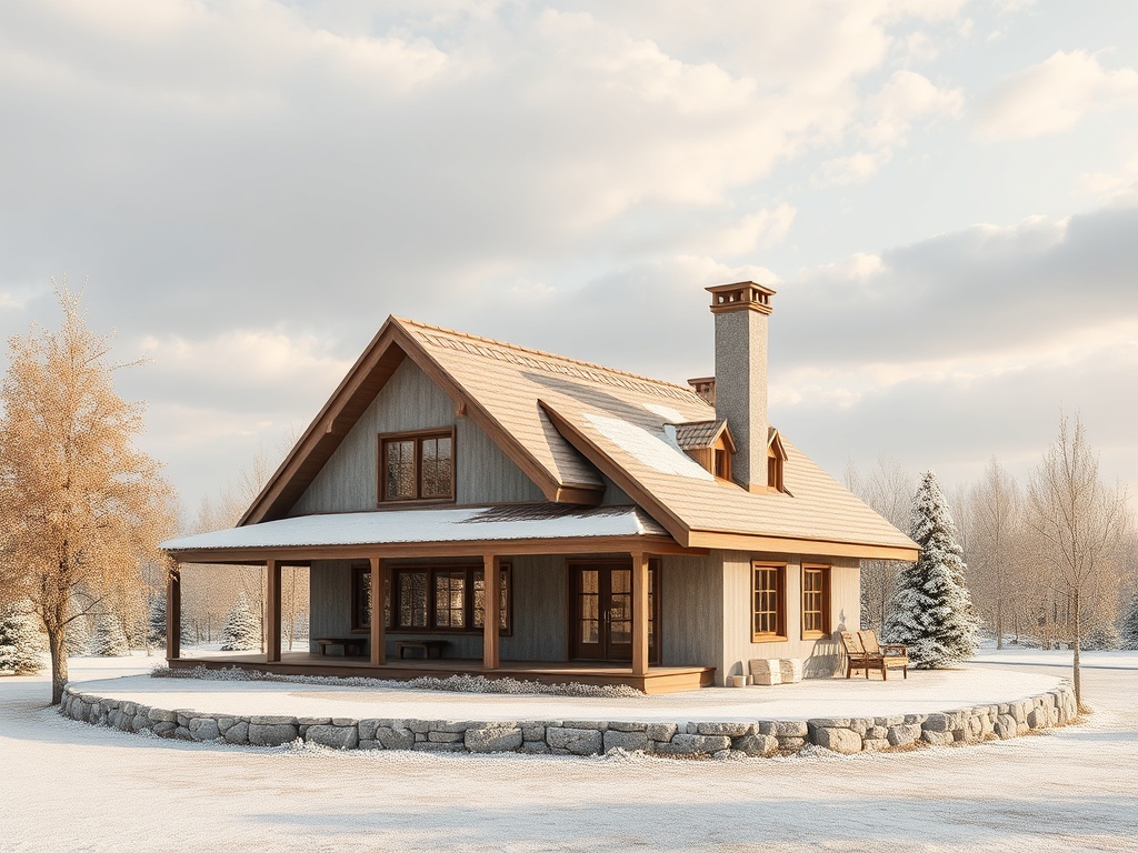 Зимний пейзаж с загородным домом, окружённым снежными деревьями и облаками на небе.