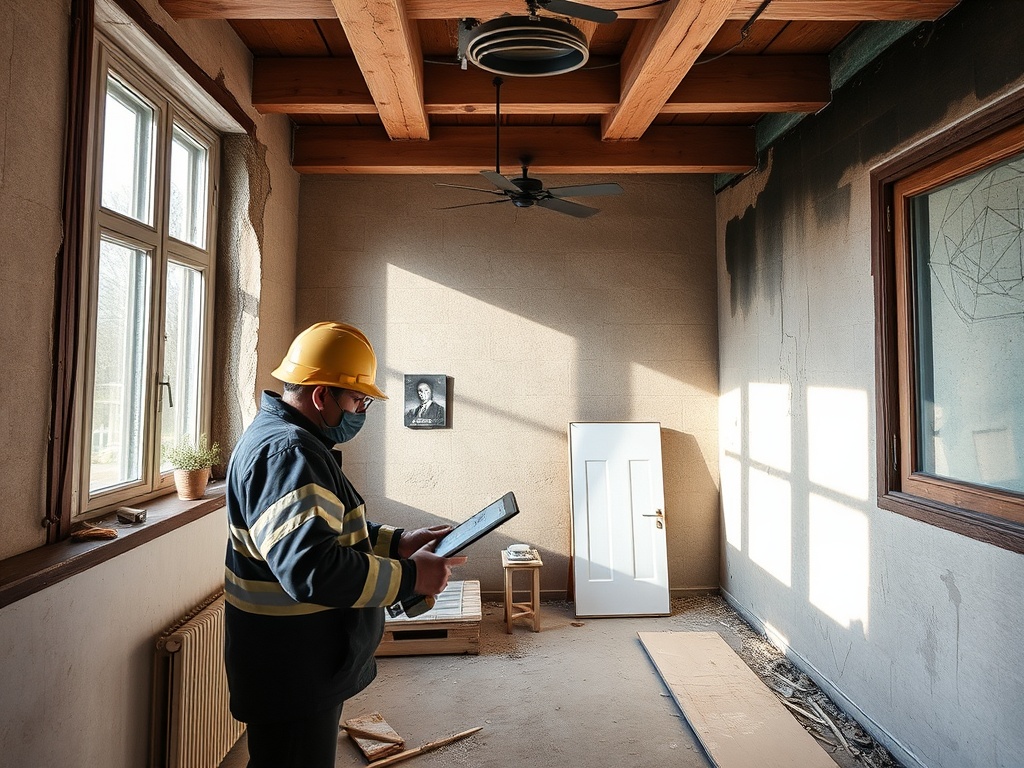 Рабочий в каске с планшетом в пустой комнате с большими окнами и деревянными балками на потолке.