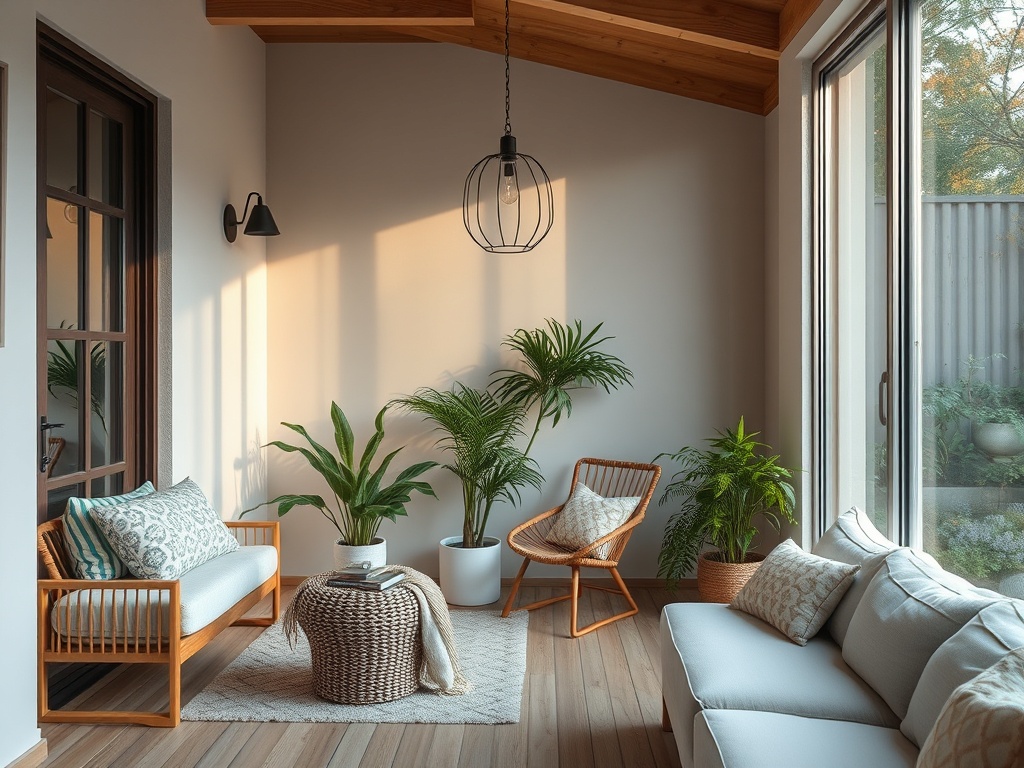 Светлая комната с большими окнами, растениями и уютной мебелью для отдыха и расслабления.