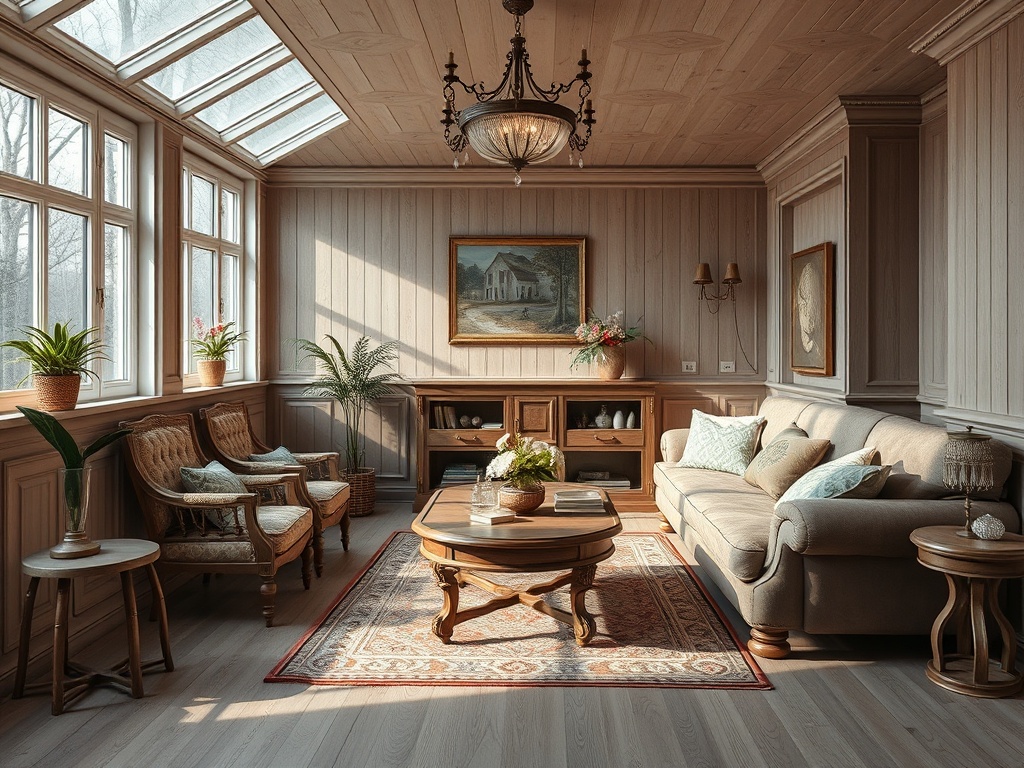 Светлая комната с окнами, диваном, картинами и растениями, создающими уютную атмосферу.