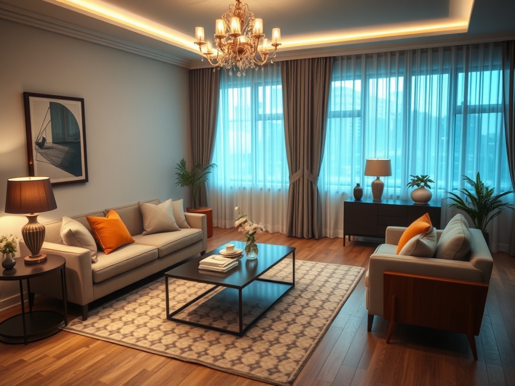 Современный уютный интерьер гостиной с двумя диванами, журнальным столиком и большими окнами.