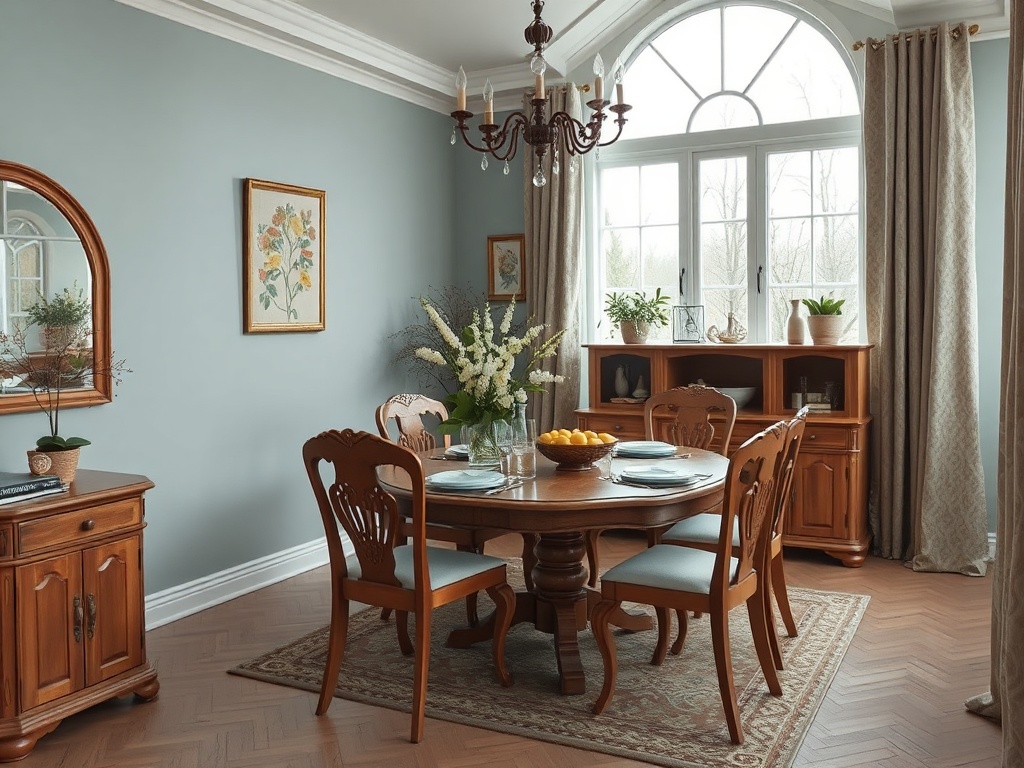 Стильная столовая с деревянной мебелью, столом на шесть мест и яркими декоративными элементами на стенах.