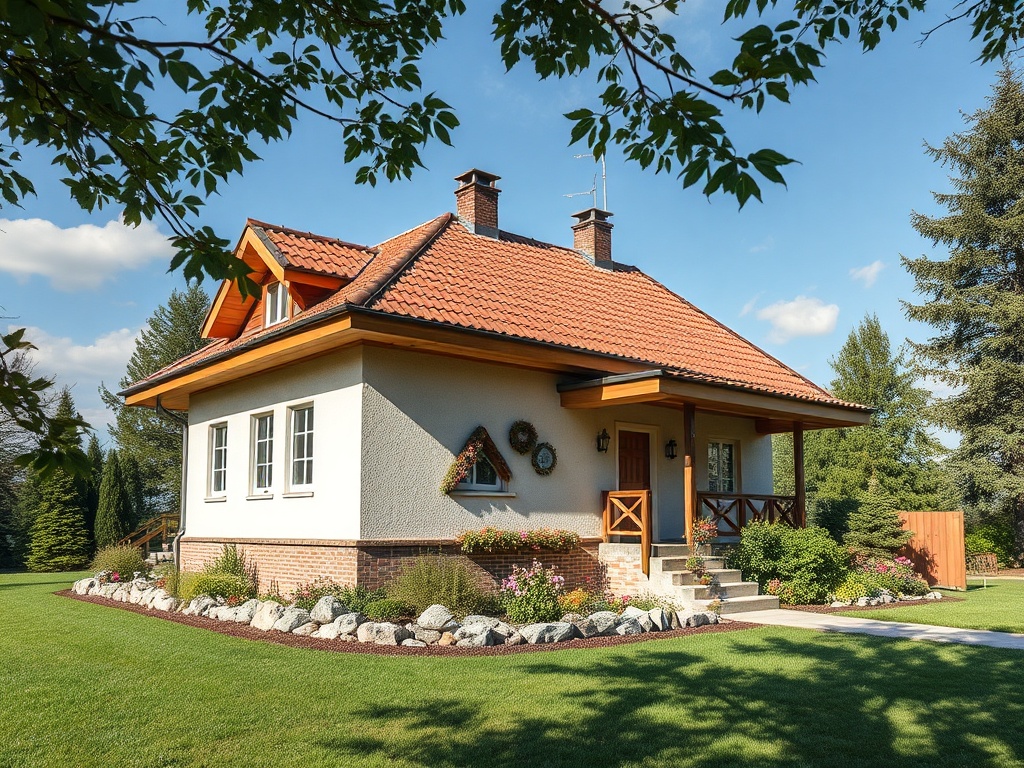 Красивый загородный дом с террасой, окруженный зеленым газоном и цветами под ясным небом.