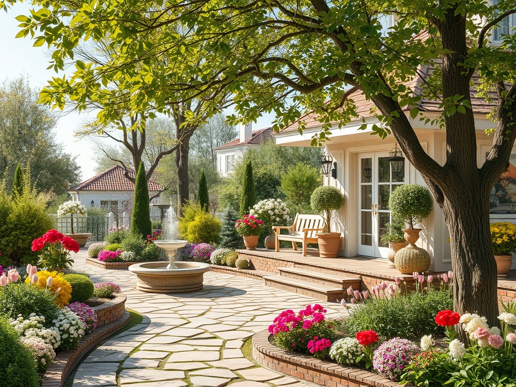 Солнечный сад с цветами и фонтаном, уютная беседка и ухоженные дорожки из камней.