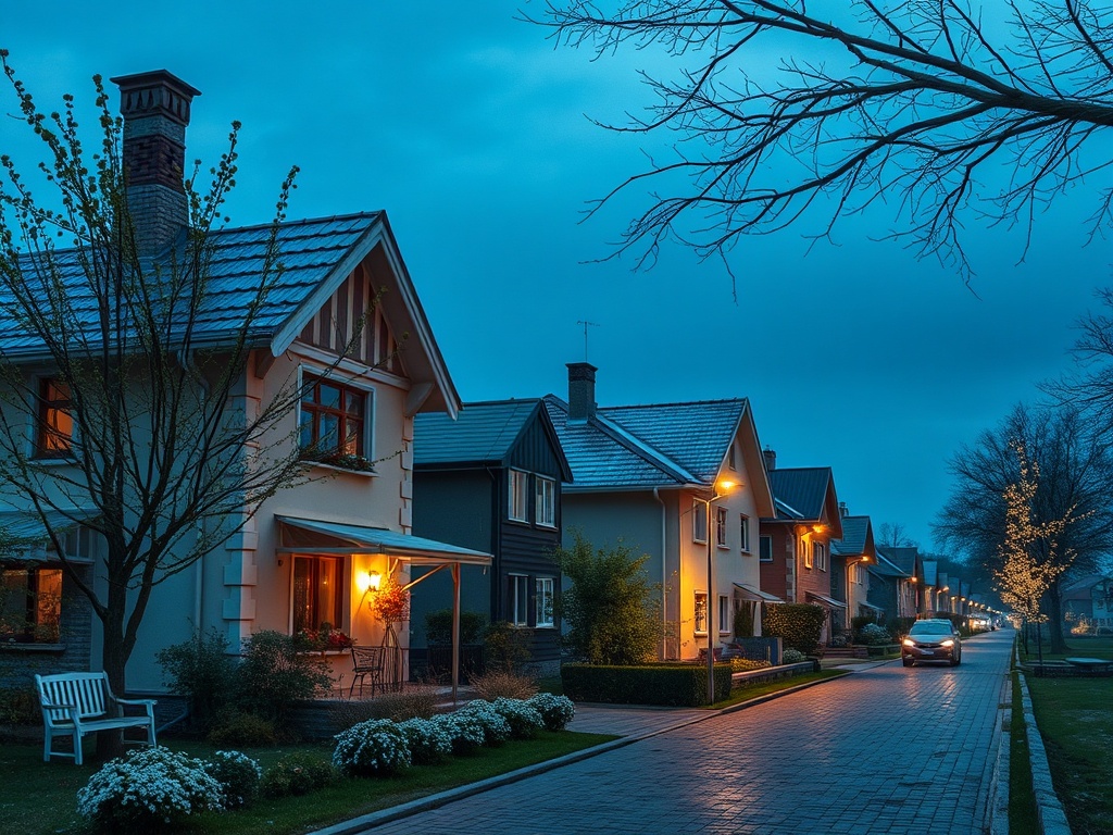 Ночь в жилом районе. Дома освещены, на улице тихо, видны деревья и украшения. Спокойная атмосфера.