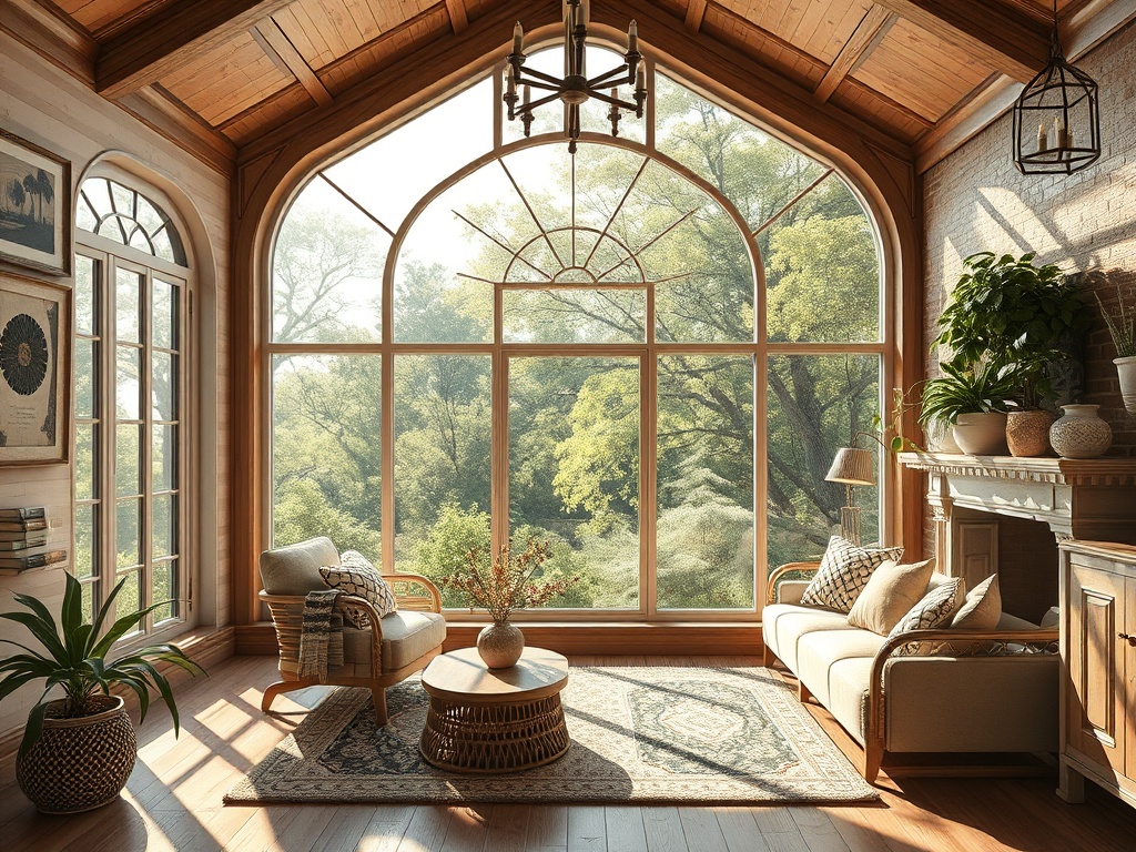 Светлая комната с большими окнами, уютная мебель и растения, открывающие вид на зелёный сад.