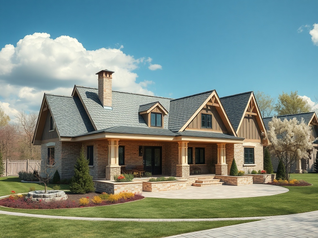 Современный загородный дом с красивым дизайном, ухоженным садом и яркими цветами под ясным небом.