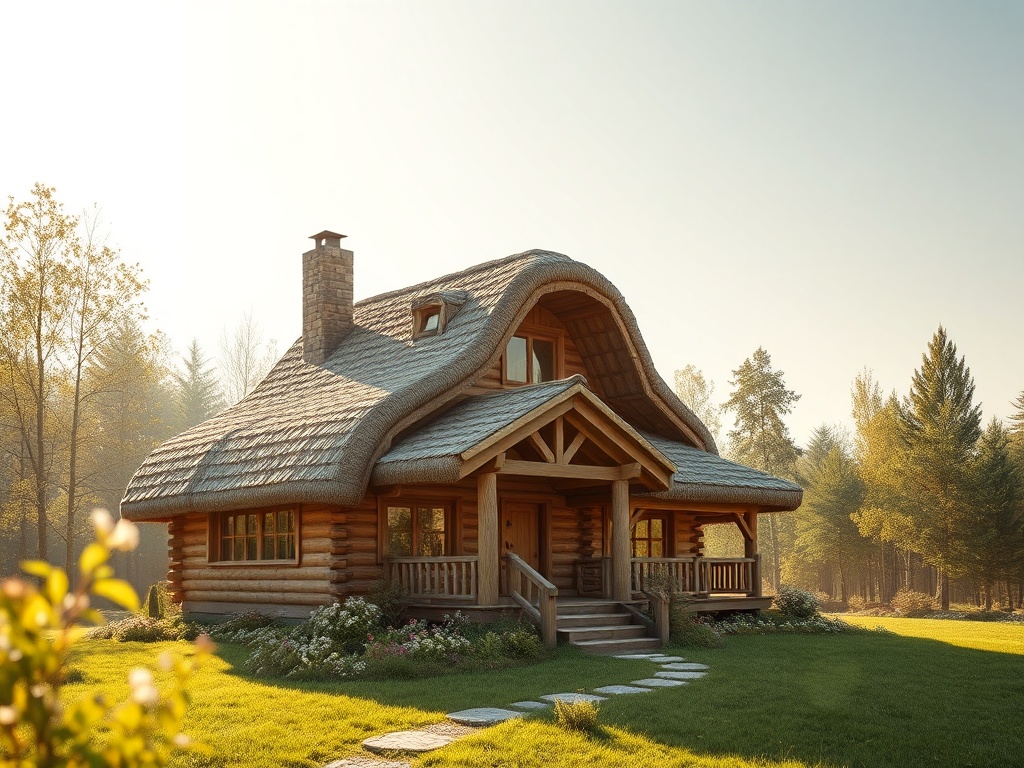 Деревянный дом с крышей из соломы на фоне природы, окружённый зеленью и деревьями. Солнечный день.