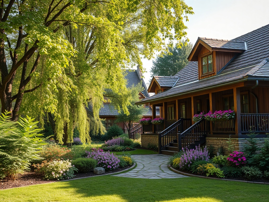 Красивая загородная усадьба с зелеными деревьями и цветами, создающими уютную атмосферу.