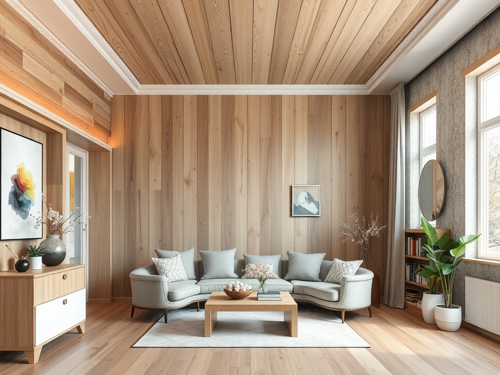 Современный интерьер гостиной с деревянными стенами, мягкой мебелью и зелеными растениями. Светлая и уютная атмосфера.