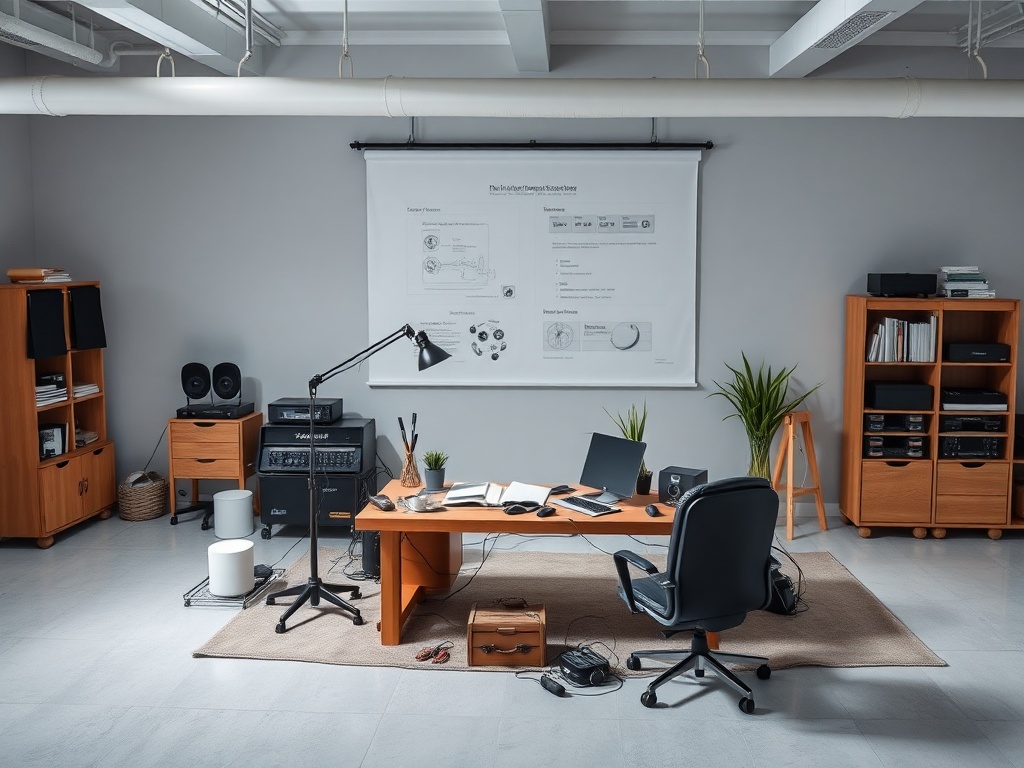 Современный офис с деревянной мебелью, компьютером, документами и акустической системой.