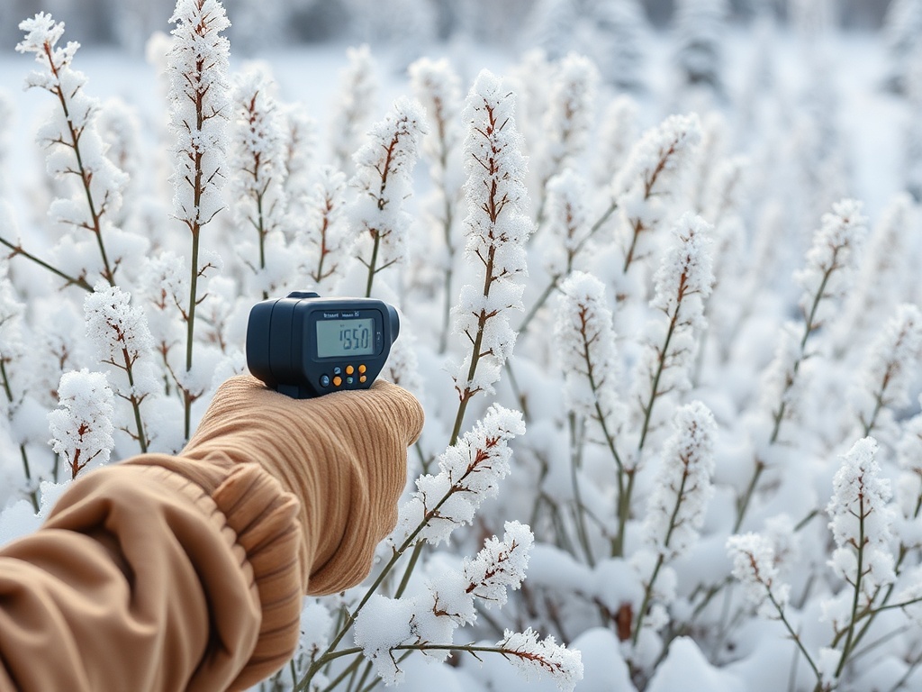 На фоне снежных растений рука держит температурный измеритель, показывающий 15,0 градусов.