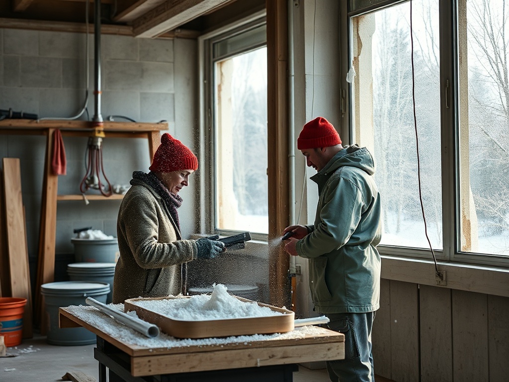 Два человека в зимних шапках работают с порошком в светлом помещении. Снежная сцена за окнами.