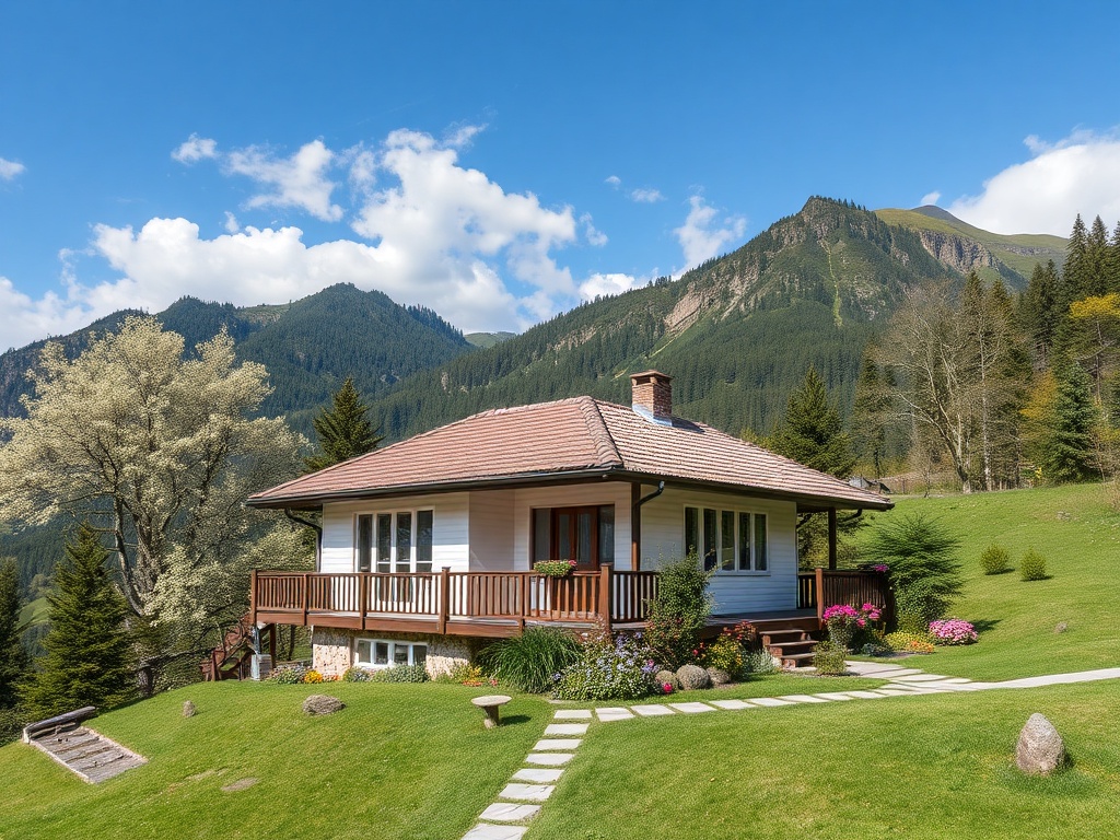 Уютный дом с террасой на фоне гор, окружающих зелёный ландшафт и цветущие растения. Ясное небо.