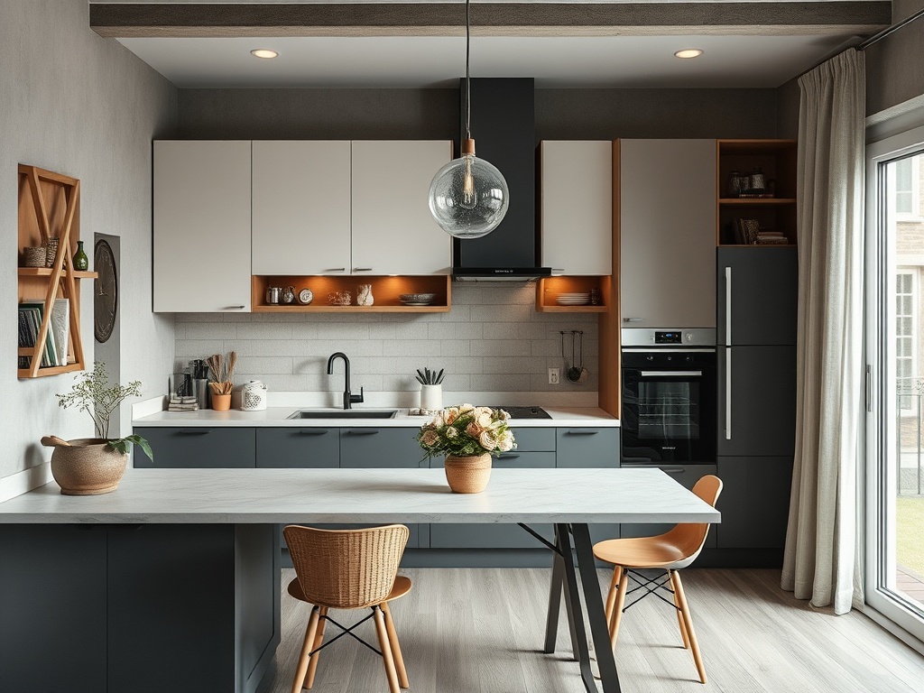 Современная кухня с серыми и белыми шкафами, столом и стульями, растениями и декором на стенах.